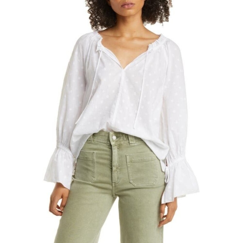 Caslon Split Neck Long Sleeve Blouse in White at Nordstrom 100% cotton Small $59
